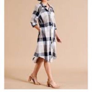 Plaid Linen Midi Dress Size Small Oversized Lightweight Plaid Button Up